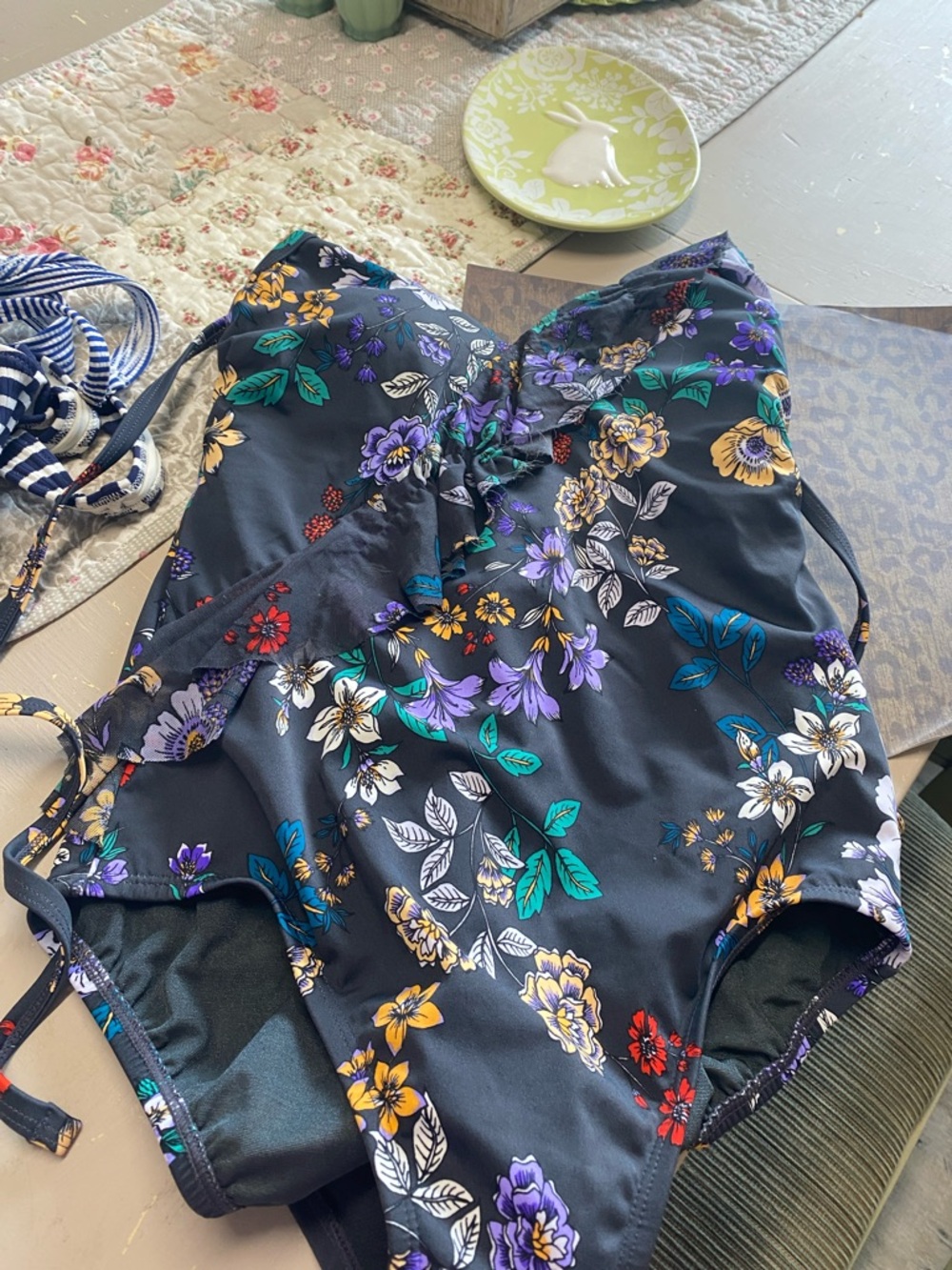 SHEIN Floral One-Piece Swimsuit in Black with Multicolor Flowers